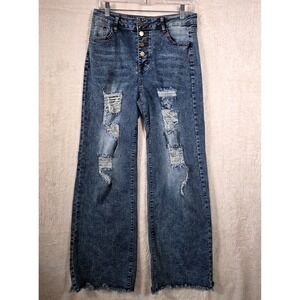 Womens Size 28 Wide Leg Jeans Medium Blue Button Fly Distressed High Rise Y2K